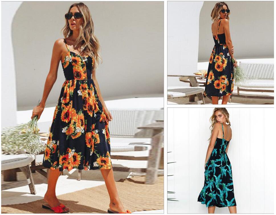 2019 Summer Women Dress Sexy Bohemian Floral Tunic Beach Dress Sundress ...
