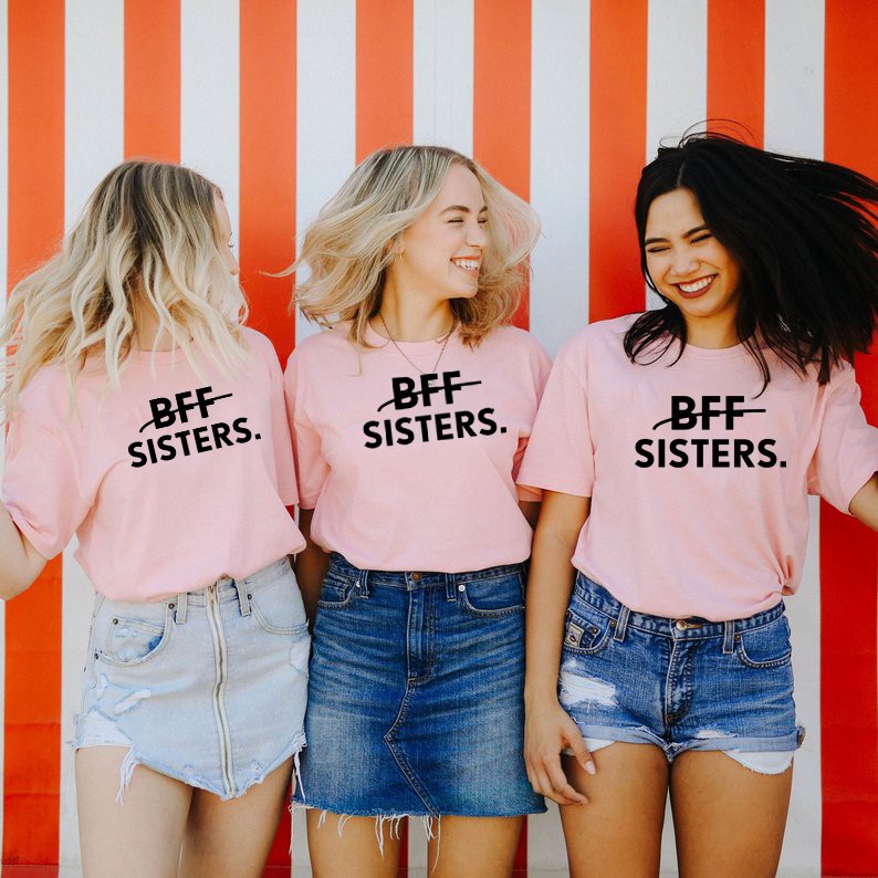 1pcs Bff Sisters Letters Printing Casual Tee Solid Color Best Friends Matching T Shirt Girls 